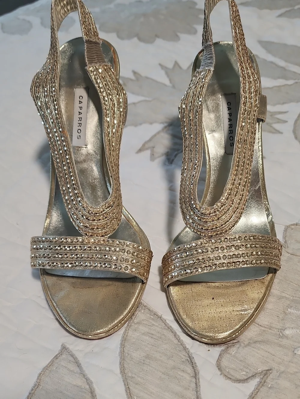 Caparros Metallic Gold Rhinestone Slingback Heels